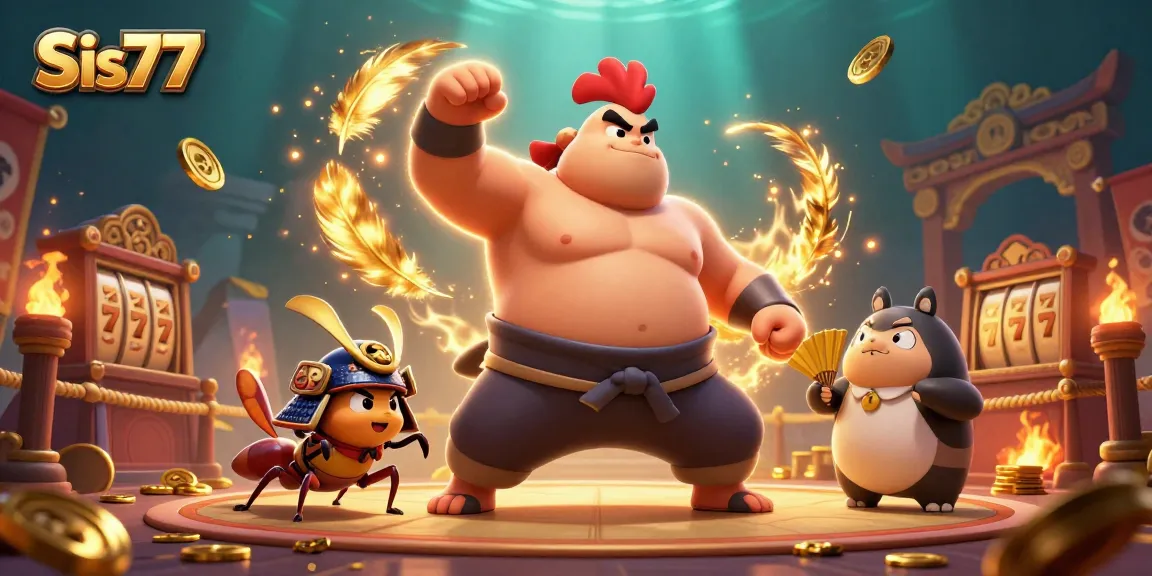 Permainan slot menarik di Sis77 dengan ayam sumo dan serangga samurai dalam suasana kasino.