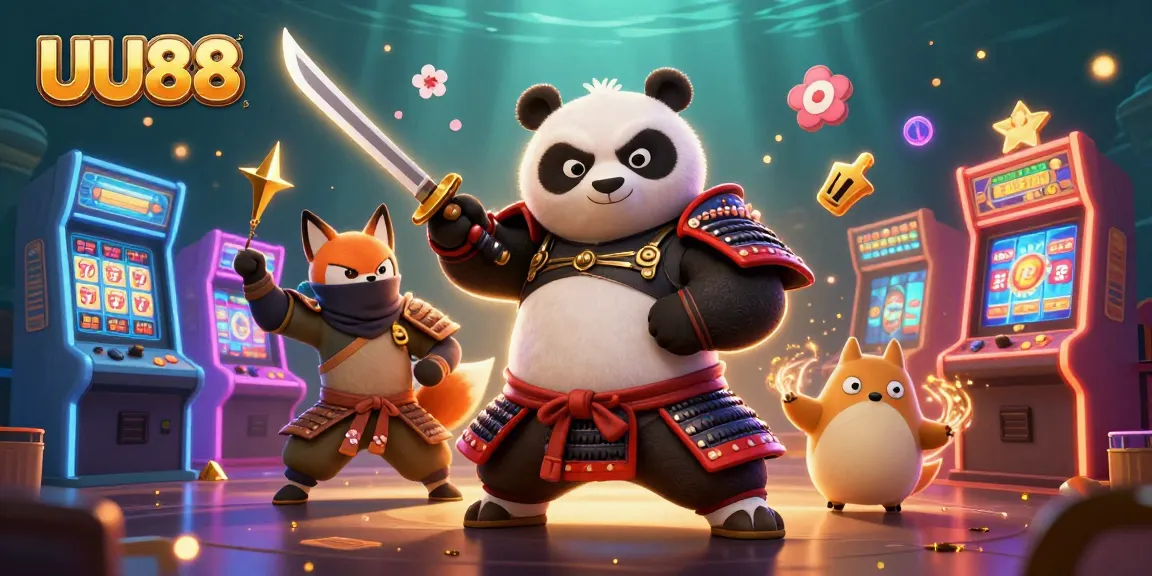 Engage with UU88 through a vibrant 3D casino scene featuring iconic characters and slot machines.