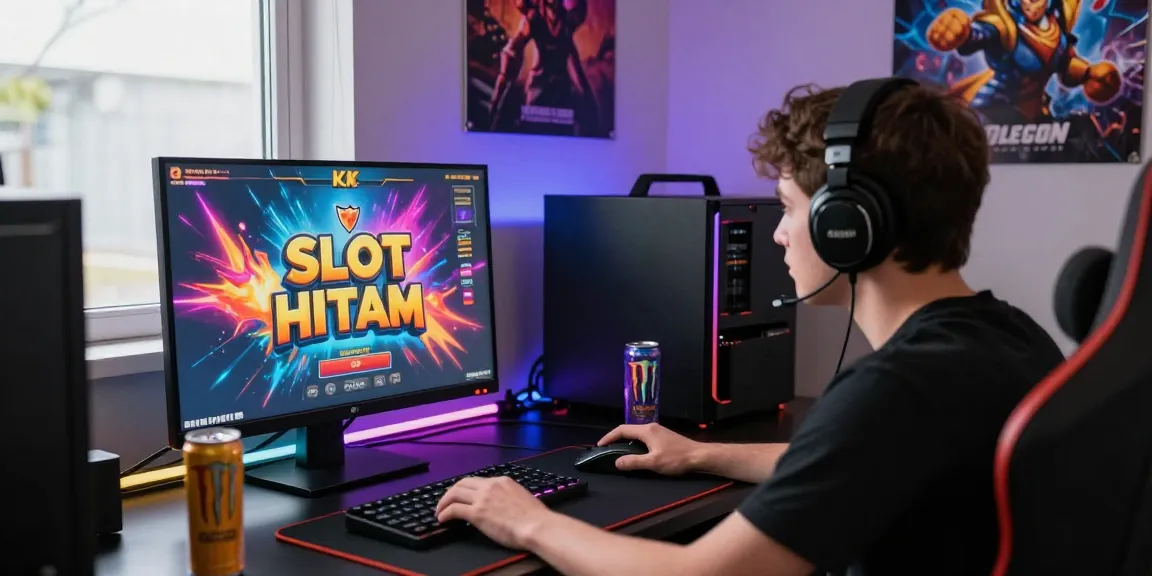 Slot Scatter Hitam gaming setup with player immersed in gameplay and colorful graphics