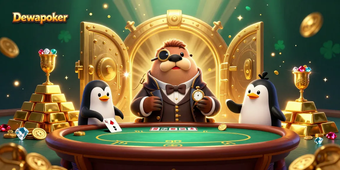Dewapoker poker scene with a walrus, dealer penguin, and bluffing pufferfish at an underwater table.