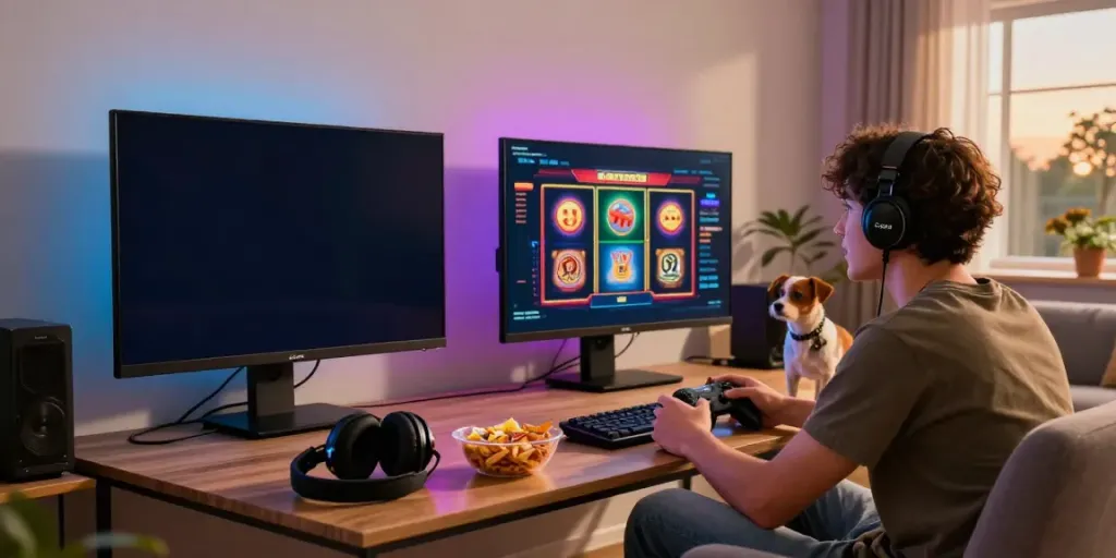 Exciting scene showcasing a player engaged in slot jackpot gaming at home.