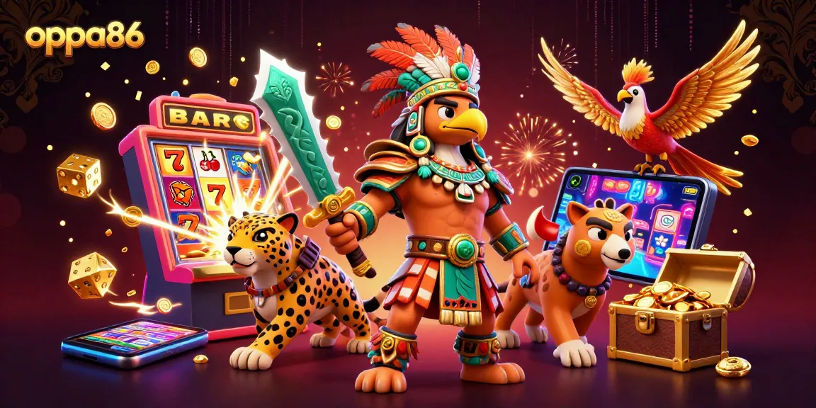 Experience the thrill of oppa86 with an energetic casino scene including Aztec warriors and slot machines.