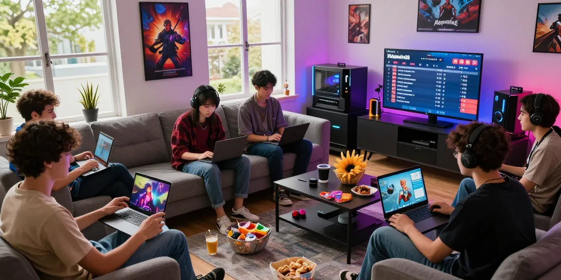 Suasana bermain megawin88 dengan pemain beragam di ruang modern, penuh keceriaan dan game online.
