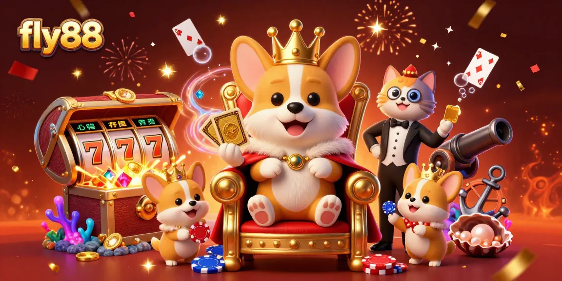 Experience the excitement of fly88 with a royal corgi seated on poker chips amidst dazzling slots and treasures.