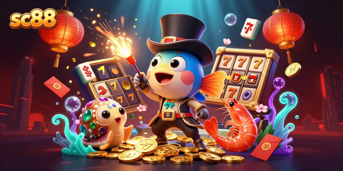 sc88 players enjoy a vibrant casino scene with an anglerfish and pirate shrimp amidst jackpots and glowing coins.