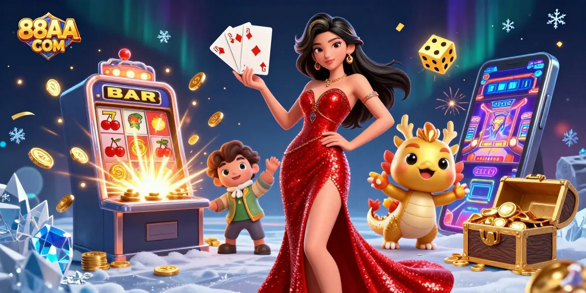 Experience the excitement of 88AA COM with a glamorous casino scene featuring a captivating character and dynamic gaming elements.