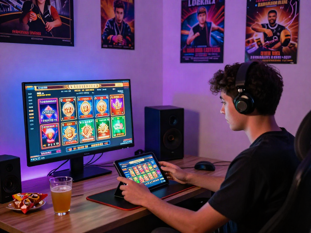 Player enjoying kebuntoto online gaming session at home with tablet and colorful graphics.