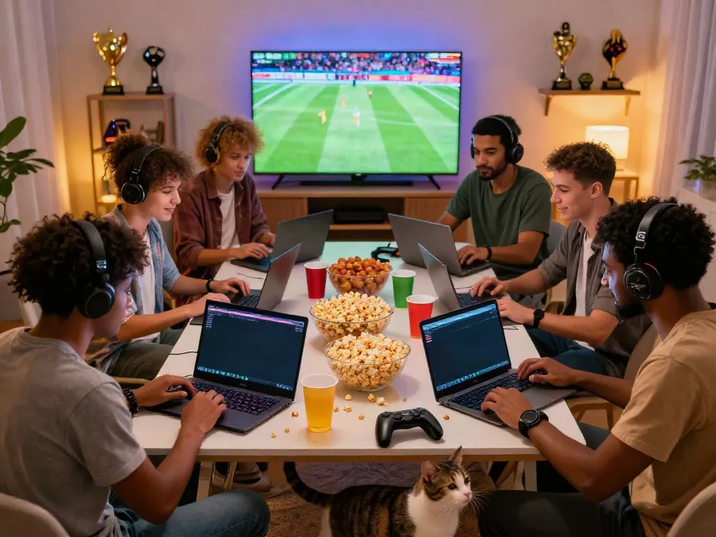 Friends enjoying Ufa gaming in a cozy living room with snacks and digital devices.