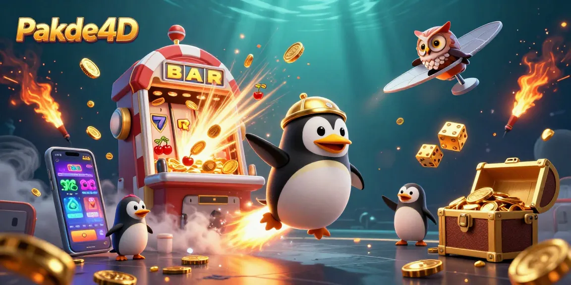 Pakde4D features a rocket-powered penguin in a vibrant casino-themed space scene, showcasing gaming excitement.