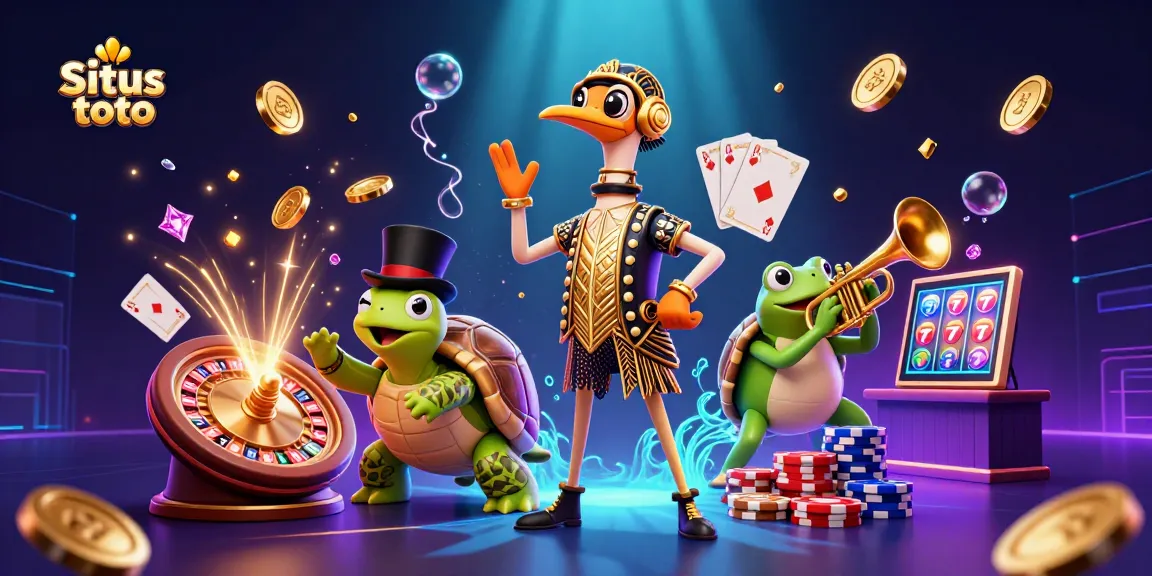 Win big with Situs toto in this vibrant, immersive 3D casino scene, featuring joyful characters and gaming elements.
