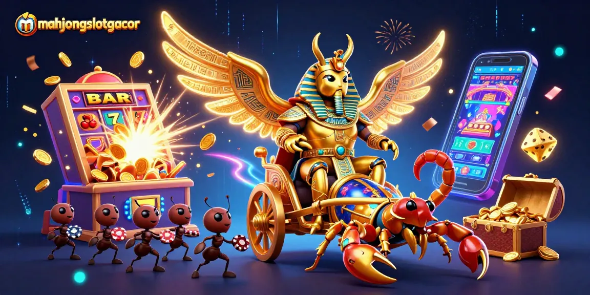 Experience mahjongslotgacor excitement with a vibrant 3D casino illustration showcasing rich game elements.