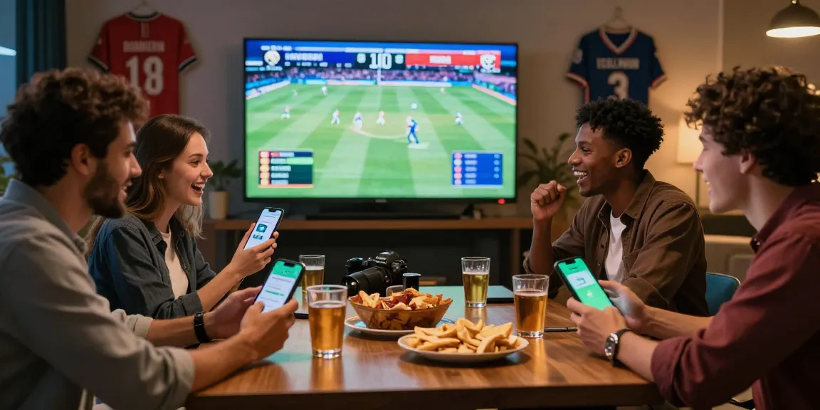 Friends celebrating live sports with the Velki App in a lively lounge atmosphere.