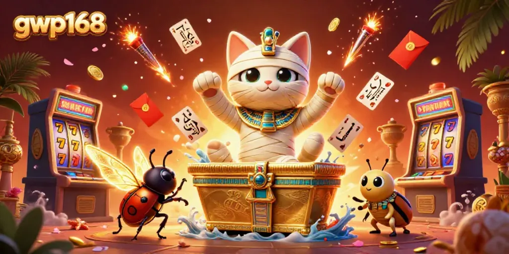 GWP168 meriah dengan kucing mumi dan simbol slot, menyajikan keseruan permainan kasino.