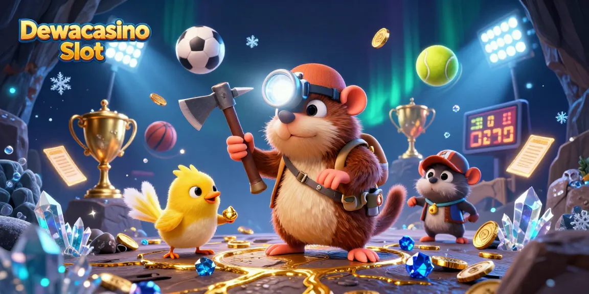 Join the excitement of Dewacasino Slot with treasure hunting moles, dynamic sports elements, and vibrant visuals.
