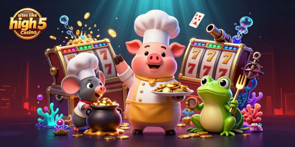 Engaging scene of characters celebrating wins at sites like high 5 casino with gold coins and slot reels.