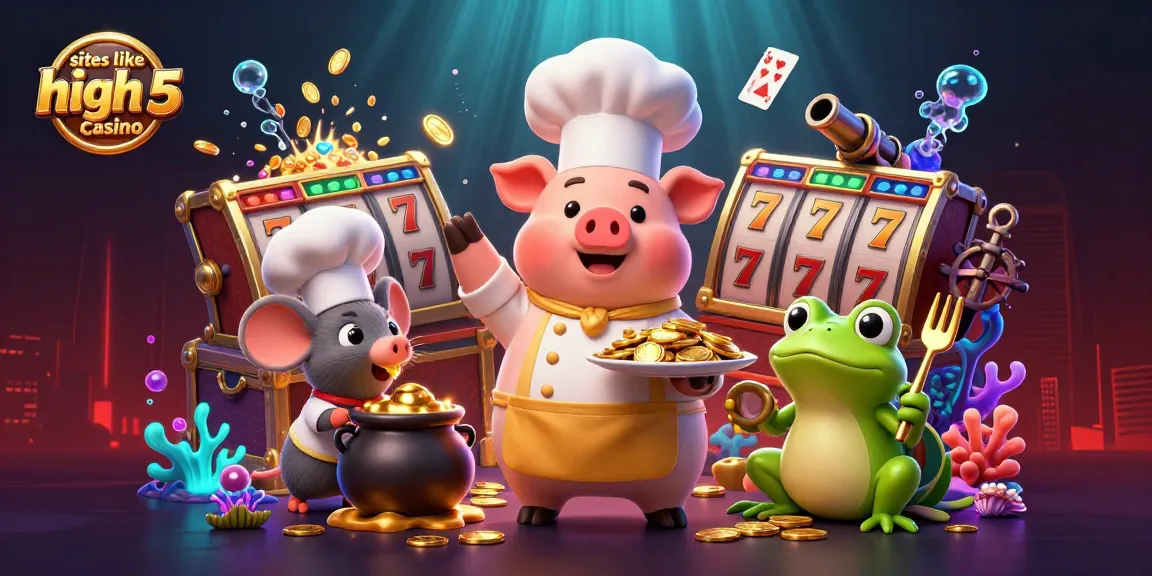 Engaging scene of characters celebrating wins at sites like high 5 casino with gold coins and slot reels.