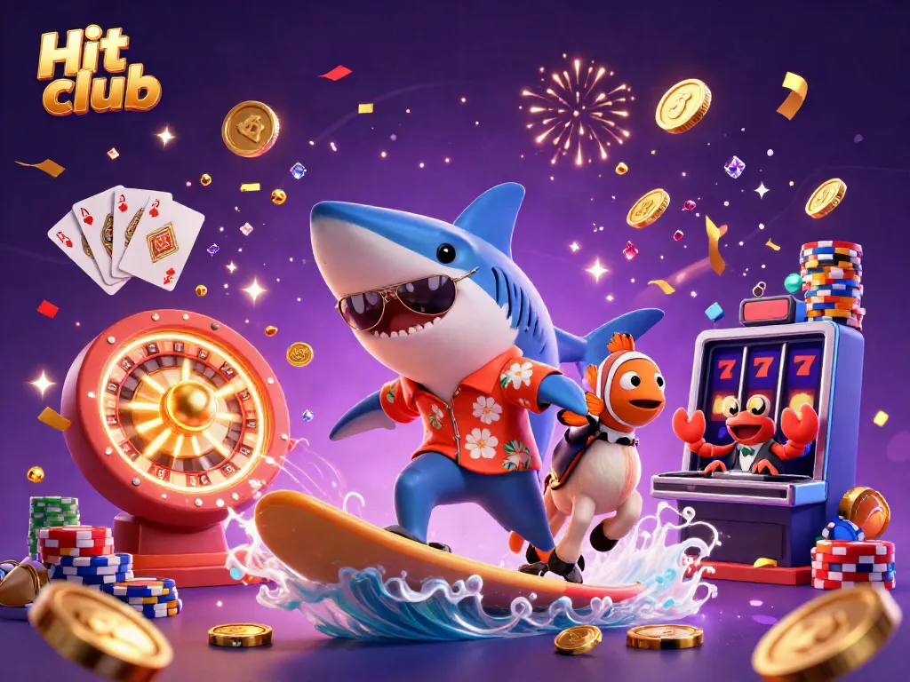 Hit club features a lively scene with winning characters and vibrant casino elements celebrating success.