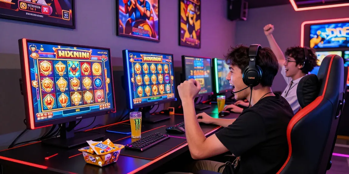A joyful gamer celebrating a big win on slot gacor with vibrant game screens and LED lights.