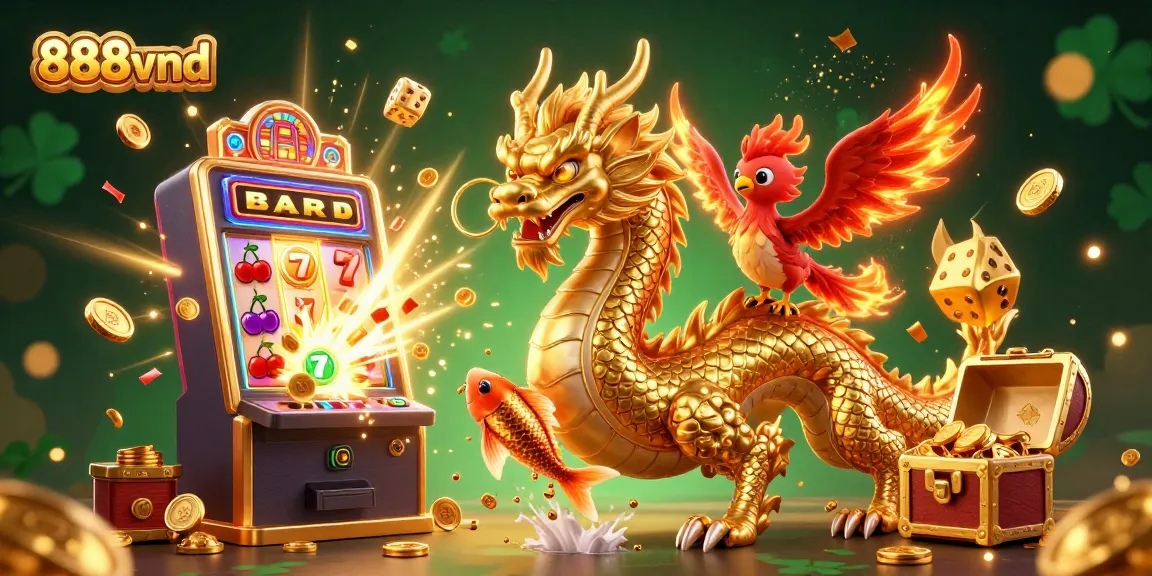 Experience the excitement of 888vnd with a vibrant scene featuring a golden dragon, phoenix, and koi fish, emphasizing jackpot thrills.