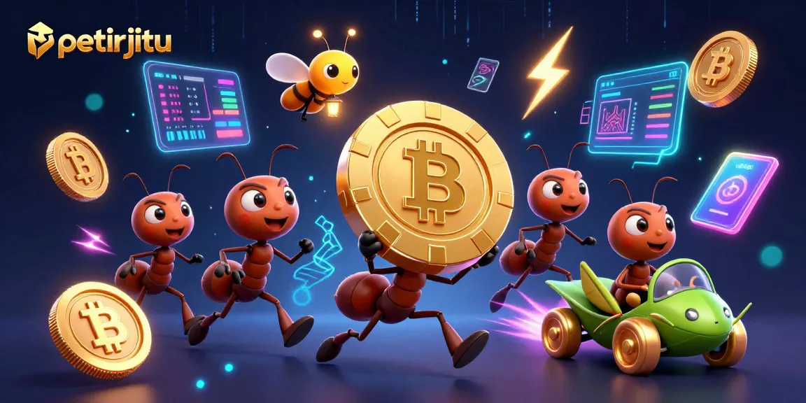 Petirjitu menghadirkan ilustrasi 3D kartun tentang semut melakukan pencurian chip poker emas yang besar.