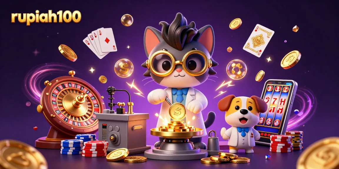 Engaging illustration demonstrating the excitement of gaming at rupiah100, featuring a mad scientist cat and a loyal dog amidst cascading golden coins and dynamic casino elements.