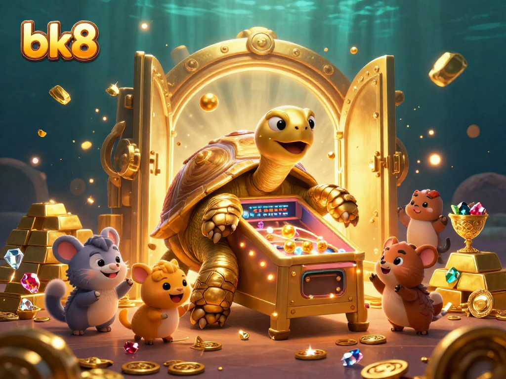 Experience the excitement of bk8 with a lively golden tortoise and treasure elements in this 3D casino scene.