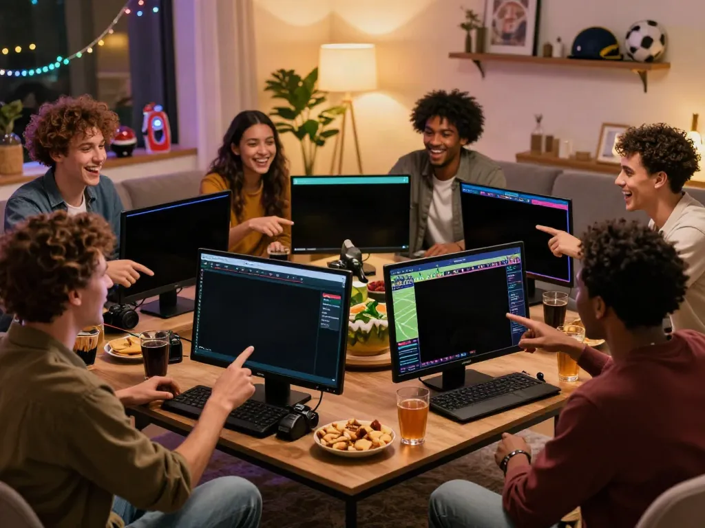 Friends enjoying a sports betting experience, celebrating with snacks and drinks.