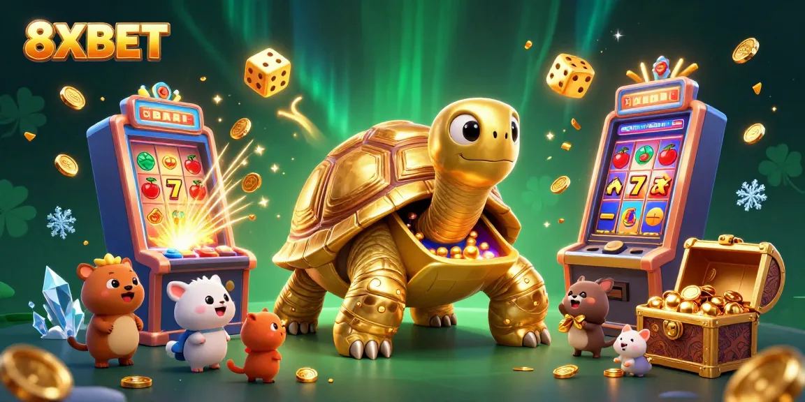 Immerse in 8XBET's vibrant casino world with a colossal golden tortoise pinball machine and exciting games.