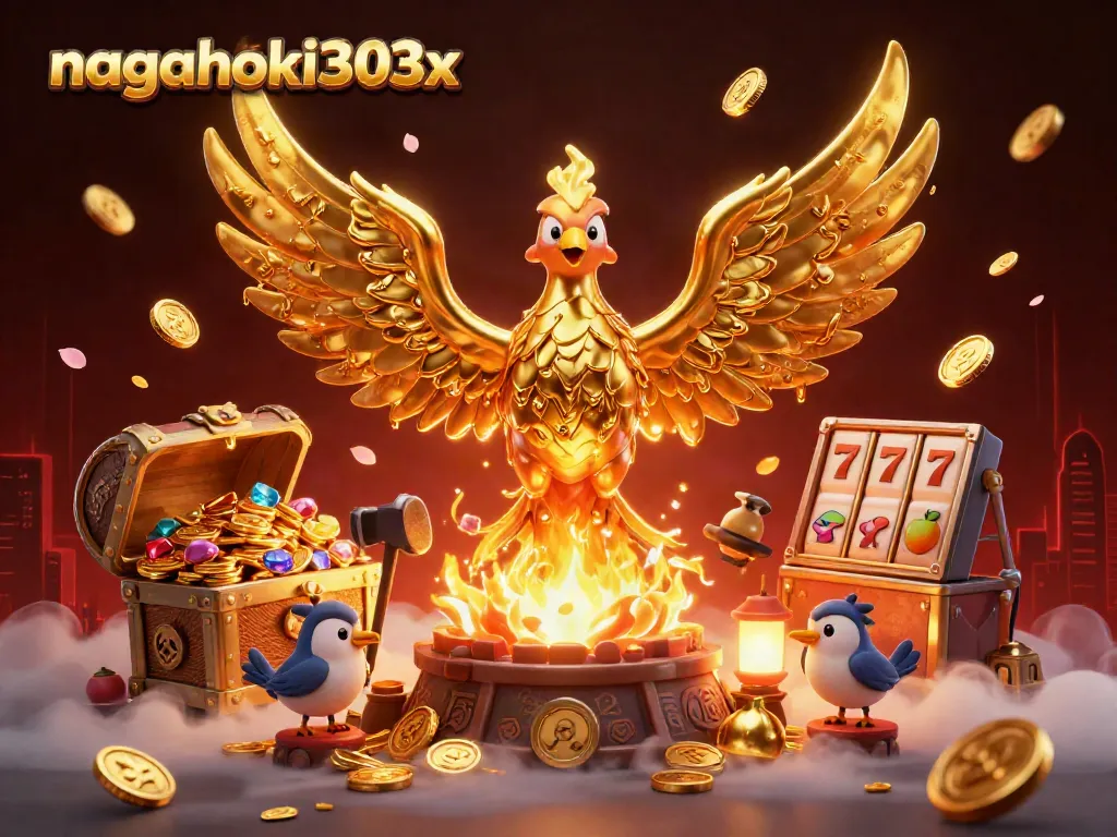 NAGAHOKI303x menampilkan phoenix emas dan simbol permainan slot yang berkilauan dalam ilustrasi yang menarik.