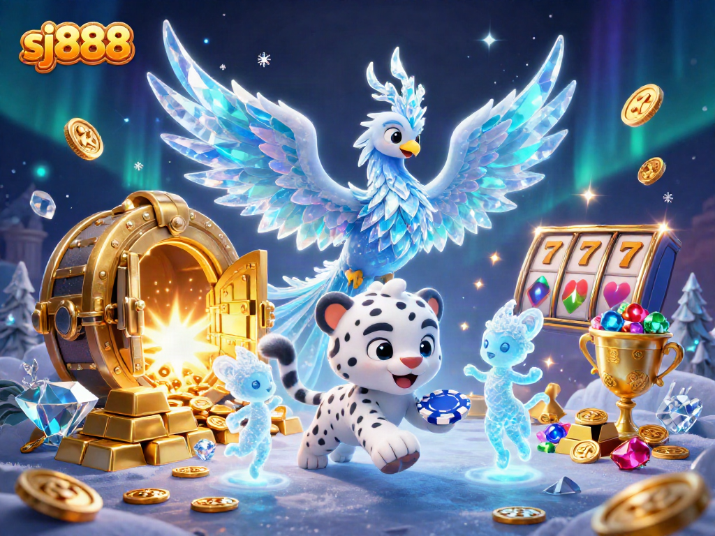 Engage with sj888's thrilling casino experience featuring an ice phoenix and colorful poker chips.
