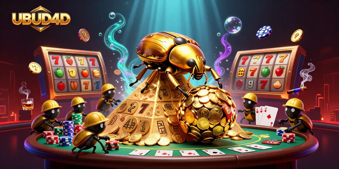 Experience the excitement of UBUD4D with golden beetles rolling jackpot coins amidst dynamic casino elements.