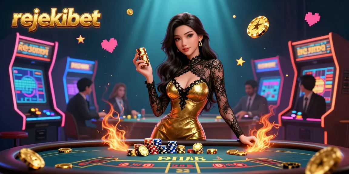 Engage with rejekibet, featuring a glamorous woman at a VIP baccarat table amid vibrant casino-themed elements.