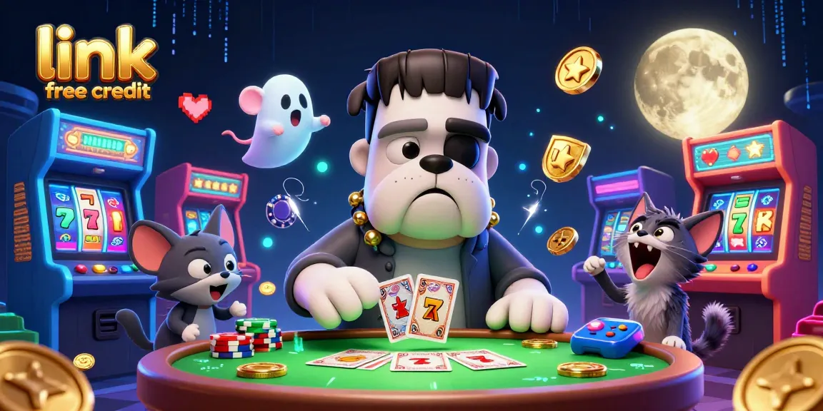 Win exciting rewards with link free credit at a vibrant, animated casino scene featuring unique characters.