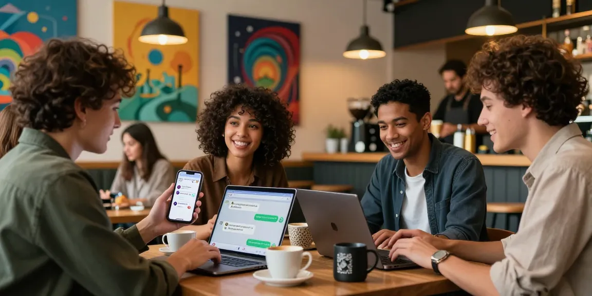 Engaging scene of friends discussing their favorite NSFW chat bot in an urban café setting, showcasing technology and social interaction.