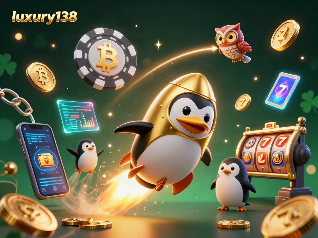Gambar ilustrasi kasino 3D mewah luxury138 dengan penguin emas terbang dan koin emas, menampilkan slot dan simbol keberuntungan.