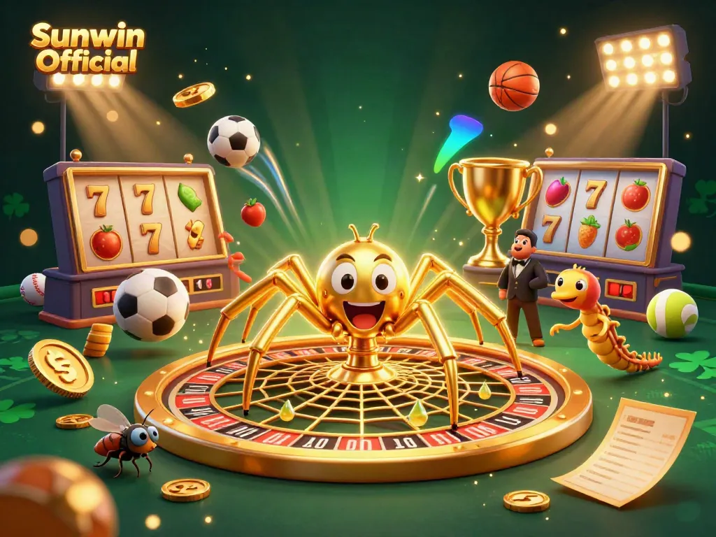 Experience the thrill of Sunwin Official as a golden spider spins a roulette wheel web in this casino illustration.