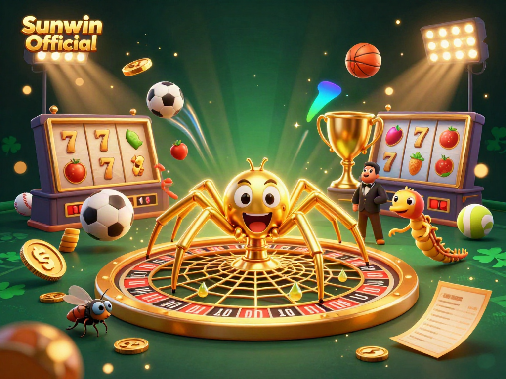 Experience the thrill of Sunwin Official as a golden spider spins a roulette wheel web in this casino illustration.