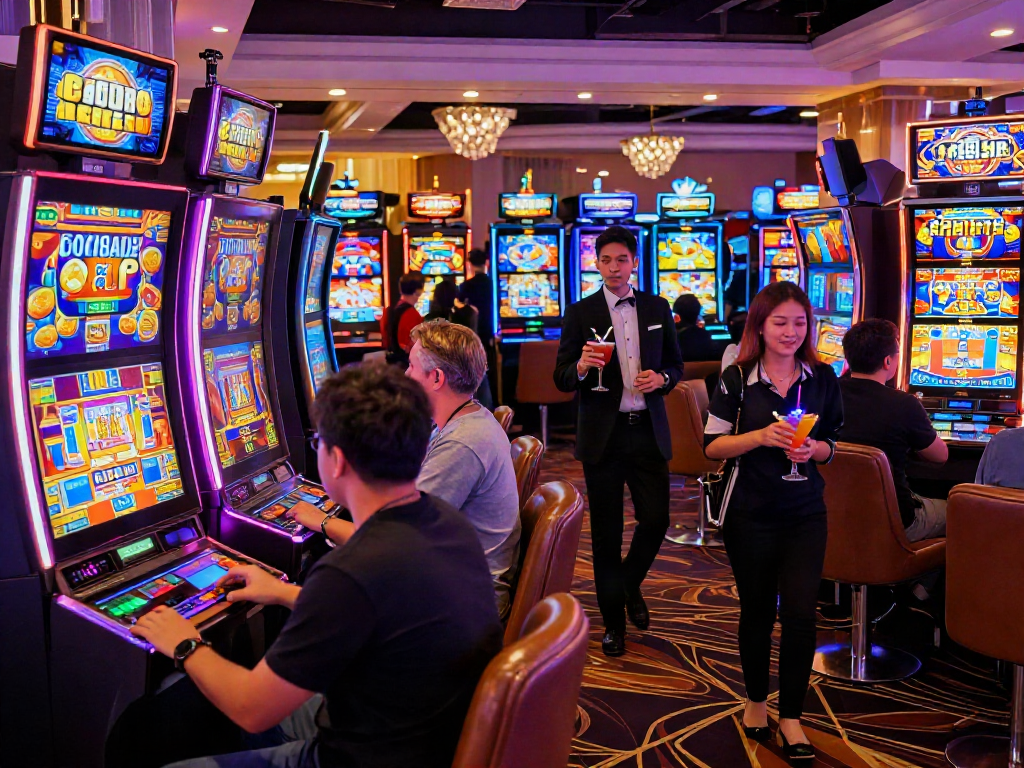 Experience the excitement of slot gacor 4d in a lively casino gaming environment with players enjoying dynamic slot machines and vibrant neon lights.