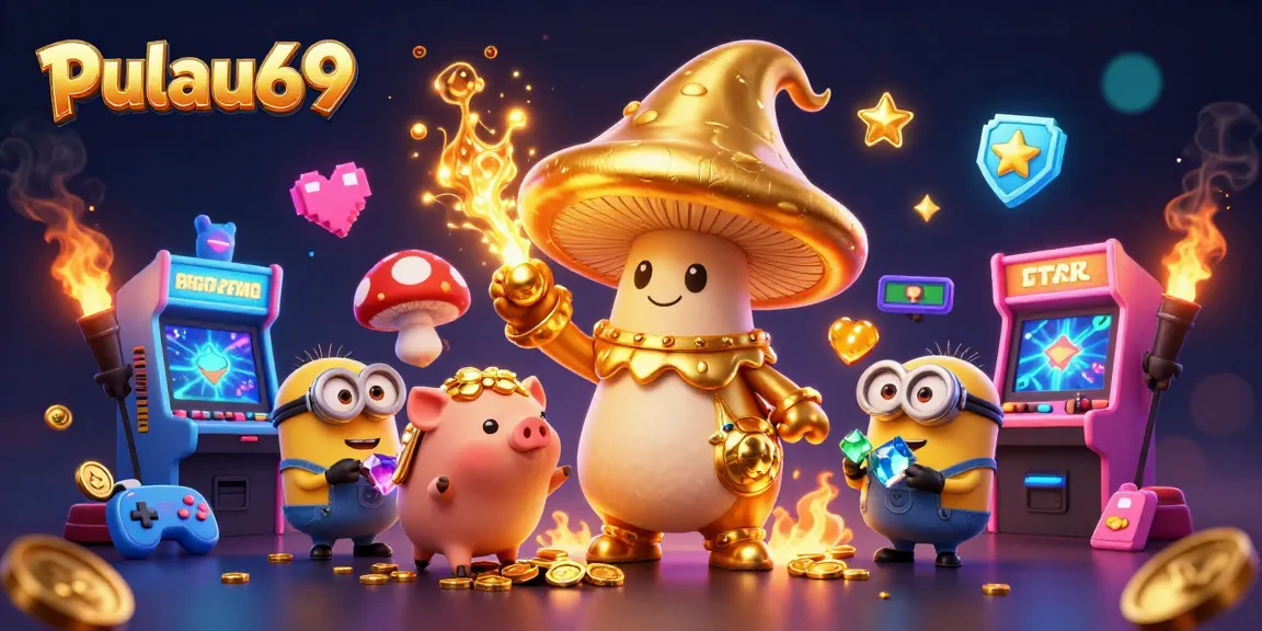 Experience the magic at pulau69 with golden adventures in an enchanting casino-themed illustration.
