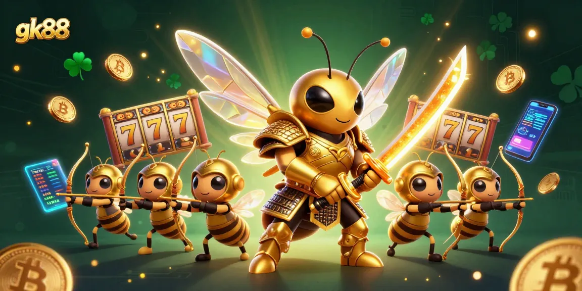 Join the gk88 gaming action with vibrant slot reels and a golden hornet in samurai armor.