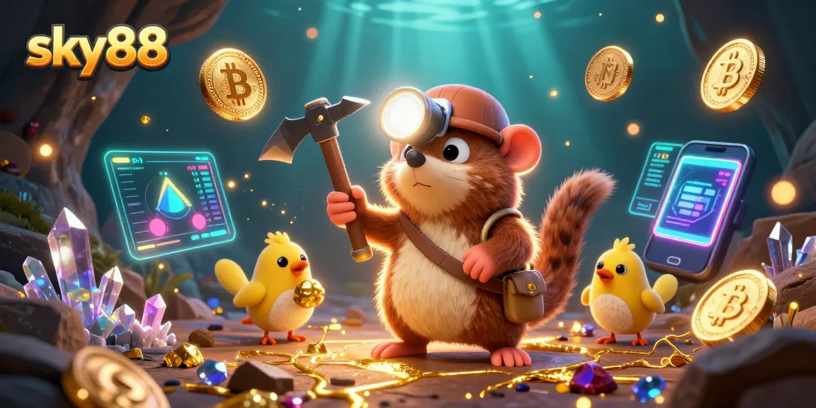 Experience thrilling gameplay at sky88 while mining treasures alongside animated characters in a colorful casino cave.