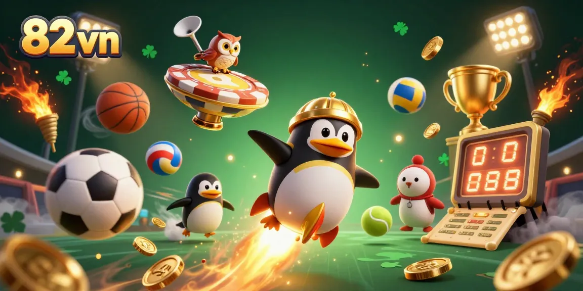 Experience thrilling wins at 82 vn with exciting casino games, golden coins, and vibrant sports elements.