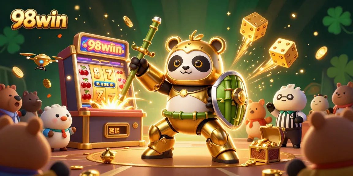 Experience thrilling jackpots at 98win with golden panda and mega slot machine bursting coins.