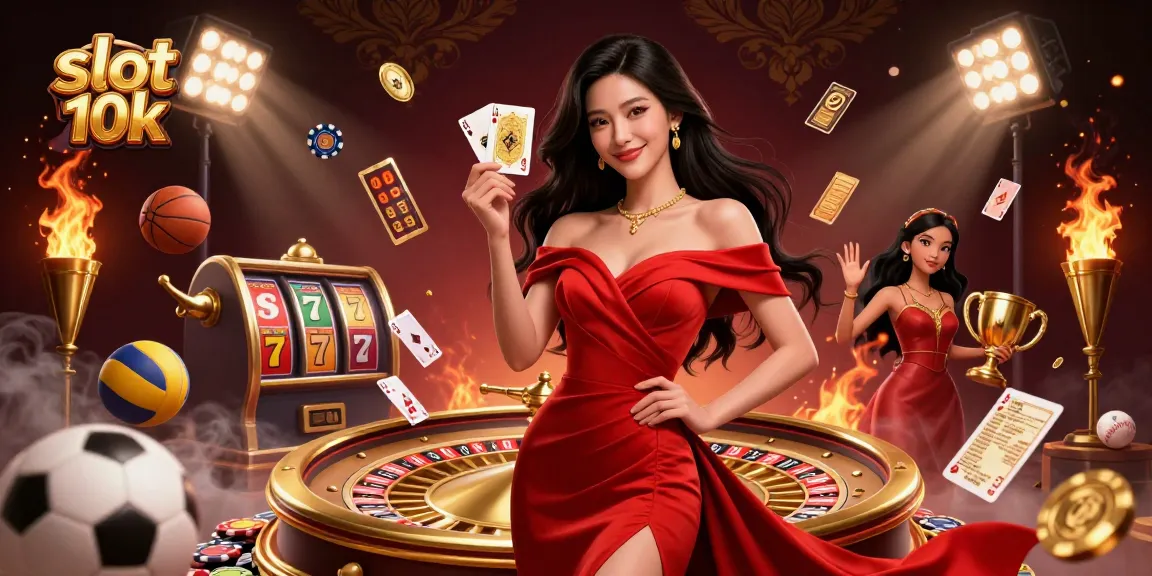 Engage in slot 10k gameplay with a confident woman holding a golden card amidst exciting casino elements.