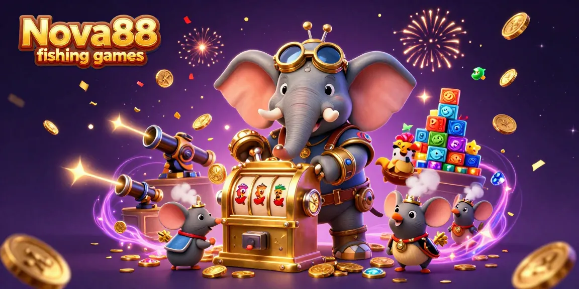 Play thrilling Nova88 fishing games with a steampunk elephant and treasure-filled elements.