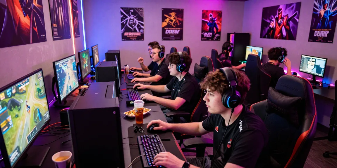 Hitclub gaming community engaged in a thrilling esports competition, showcasing vibrant gaming setups and teamwork.